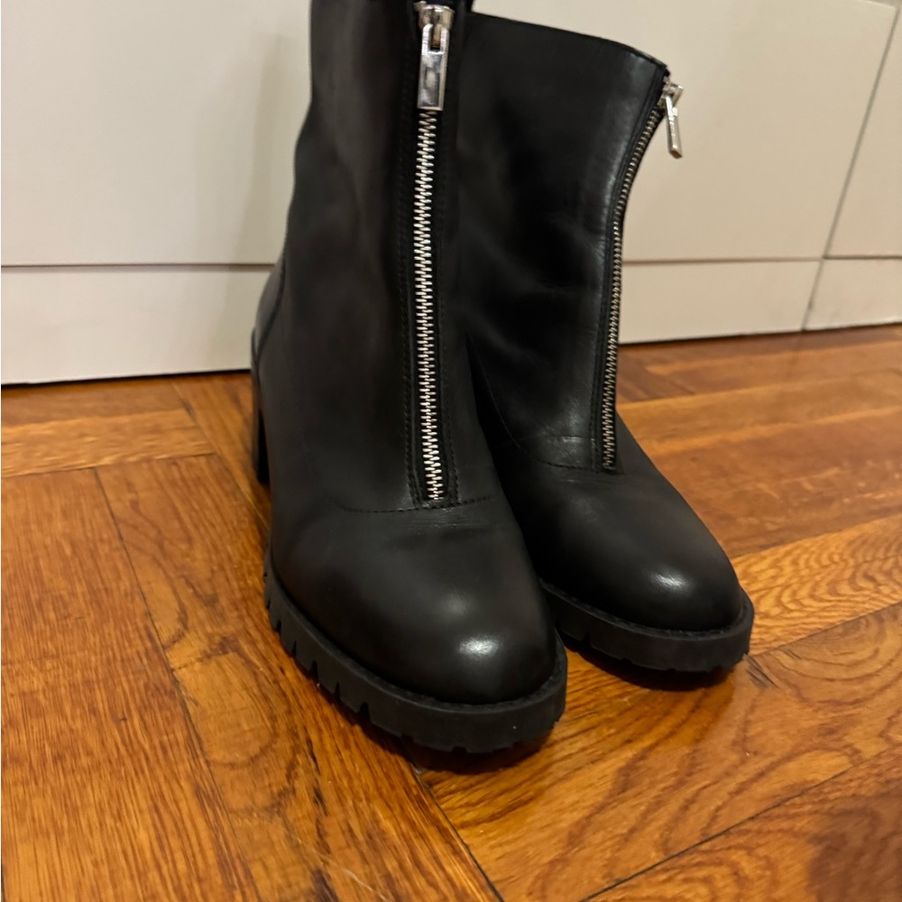 Black Combat Moto Boots with Textured Leather